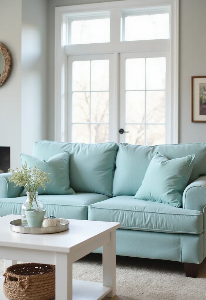 14 Blue Couch Living Room Ideas for Calm Fresh Modern Looks 1. Soft Seafoam and Crisp White