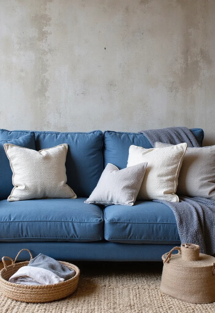 14 Blue Couch Living Room Ideas for Calm Fresh Modern Looks 11. Textured Layers