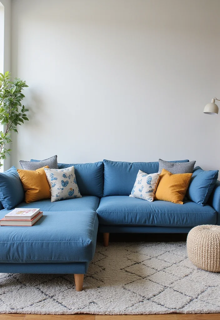 14 Blue Couch Living Room Ideas for Calm Fresh Modern Looks 13. Family Friendly Style