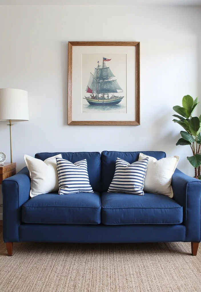 14 Blue Couch Living Room Ideas for Calm Fresh Modern Looks 2. Nautical Navy with Stripes