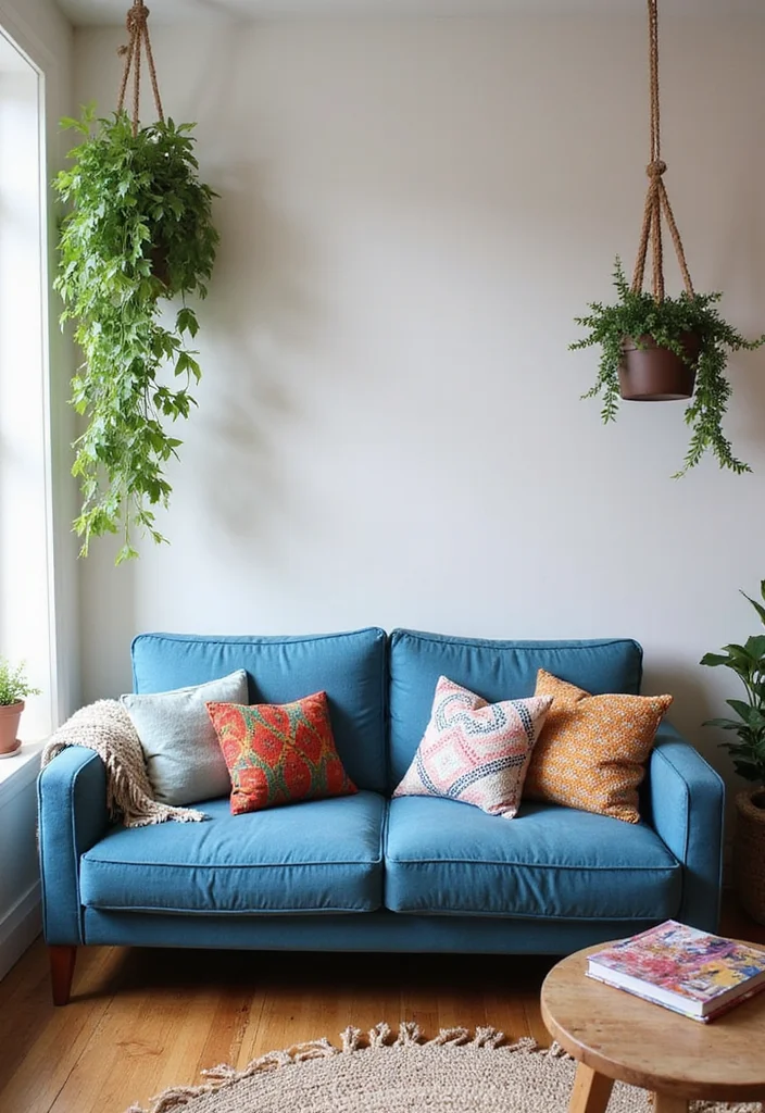 14 Blue Couch Living Room Ideas for Calm Fresh Modern Looks 5. Bohemian Touches