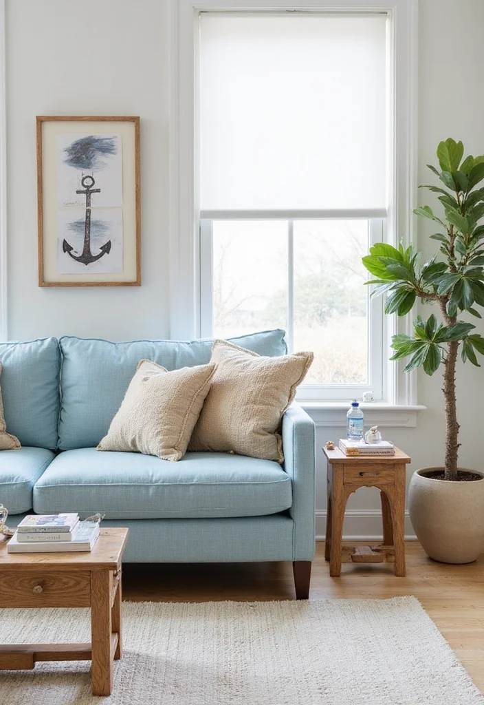 14 Blue Couch Living Room Ideas for Calm Fresh Modern Looks 7. Cozy Coastal Charm