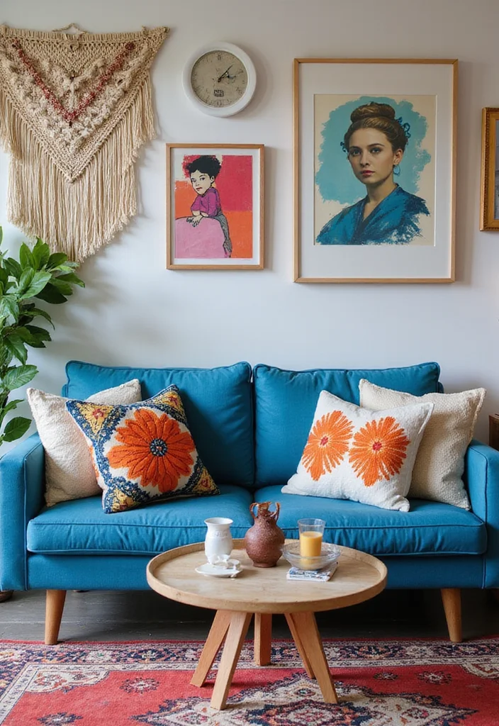 14 Blue Couch Living Room Ideas for Calm Fresh Modern Looks 9. Artistic Flair