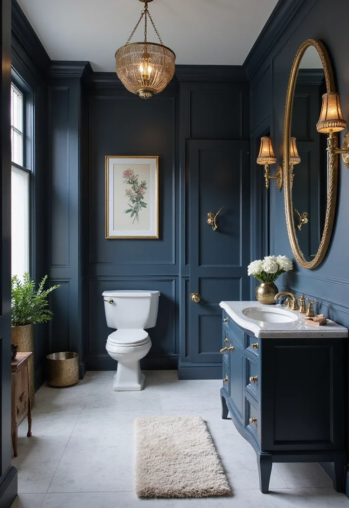 14 Dark Bathroom Ideas for Bold Cozy Moody Atmosphere 56 14 Dark Bathroom Ideas for Bold Cozy Moody Atmosphere 6. Navy and Gold Glam