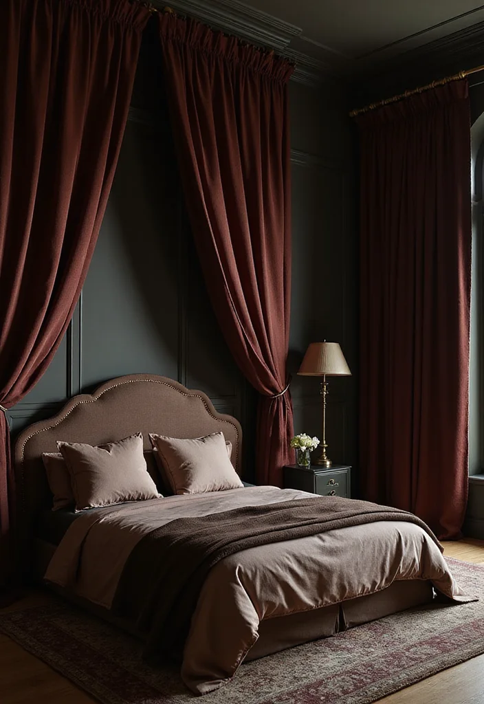 14 Dark Bedroom Ideas for Bold Cozy Restful Ambience 12. Curtains that Drape