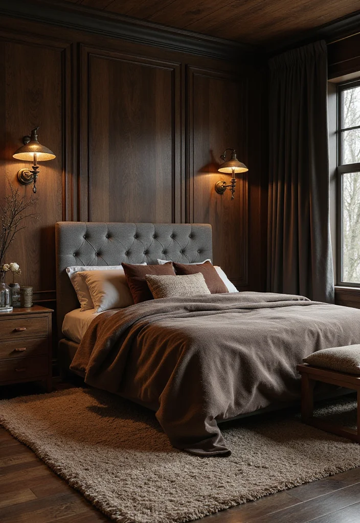 14 Dark Bedroom Ideas for Bold Cozy Restful Ambience 7. Rich Wood Accents