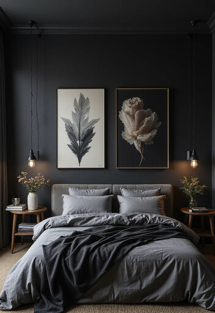 14 Dark Bedroom Ideas for Bold Cozy Restful Ambience 9. Incorporate Dark Artwork