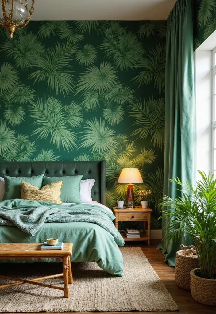 14 Green Bedroom Ideas for Calm Fresh Natural Appeal 56 14 Green Bedroom Ideas for Calm Fresh Natural Appeal 6. Tropical Green Escape
