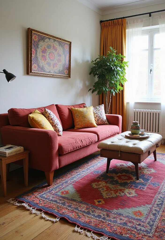 14 Living Room Rug Ideas for Soft Texture and Grounded Style 11. Vintage Kilim Charm
