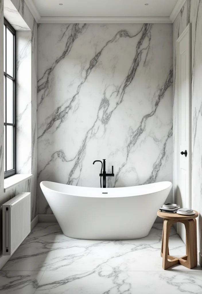 14 Marble Bathroom Ideas for Elegant Bright Luxury Appeal 133 14 Marble Bathroom Ideas for Elegant Bright Luxury Appeal 13. Marble inspired Wallpaper