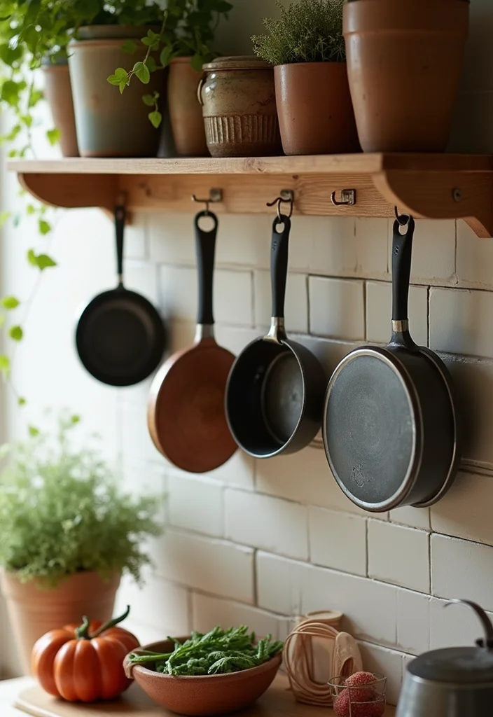 14 Wall Kitchen Ideas for Clean Space Saving Vertical Style 12. Hanging Pot Racks for Charm and Efficiency
