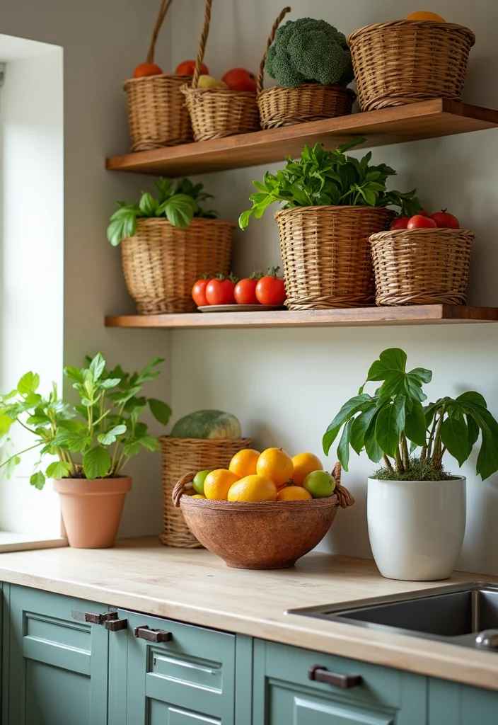 14 Wall Kitchen Ideas for Clean Space Saving Vertical Style 14. Stackable Baskets for Functional Decor