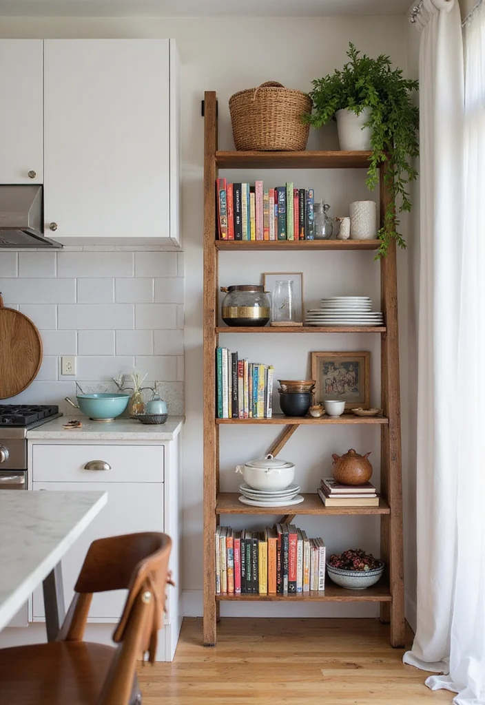 14 Wall Kitchen Ideas for Clean Space Saving Vertical Style 7. Ladder Shelves for Unique Style