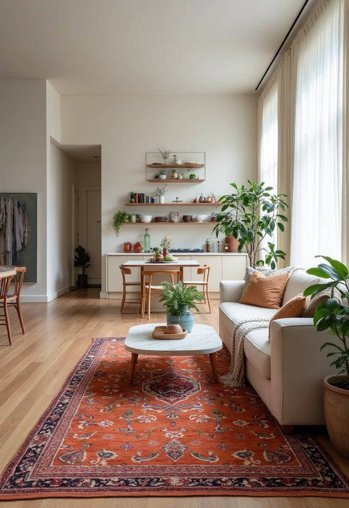 16 Kitchen and Living Room Ideas for Open Functional Layouts 3. Create Zones with Area Rugs