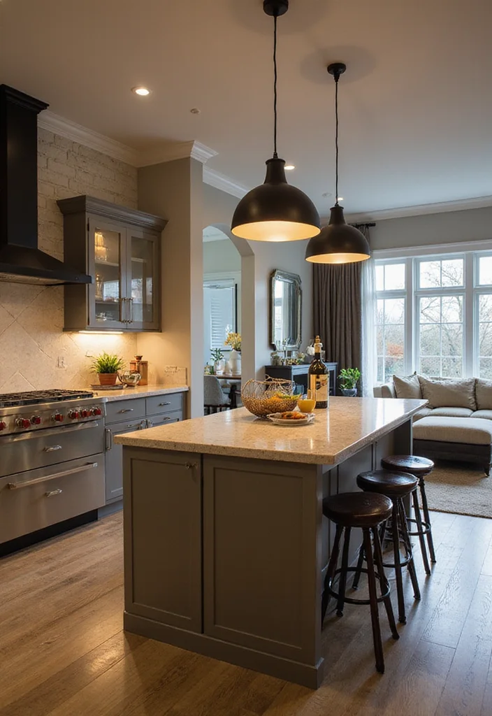 16 Kitchen and Living Room Ideas for Open Functional Layouts 6. Use Light Fixtures to Define Spaces