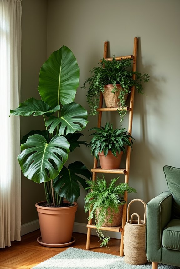 large potted plants elevate corners